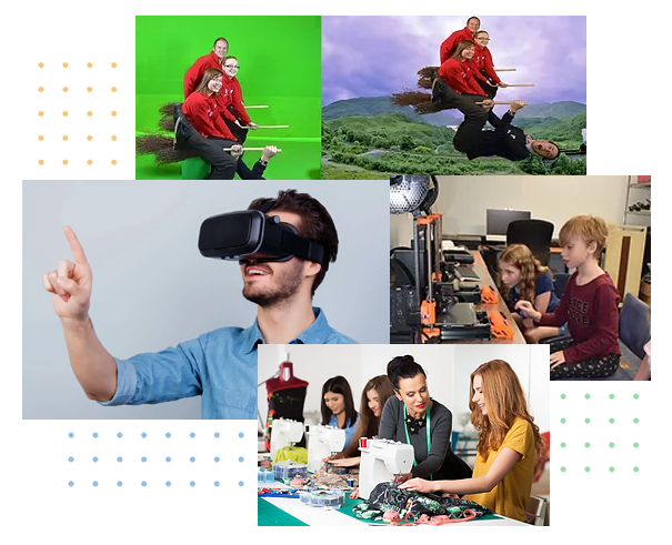 Technology composite showing people using technology available at the library