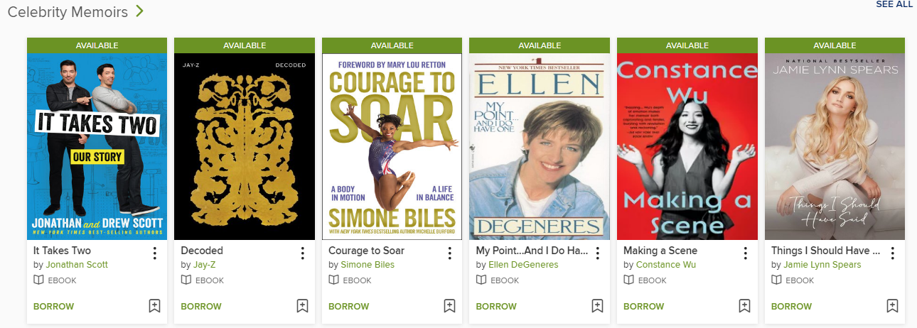 Popular titles available from Overdrive aka Libby